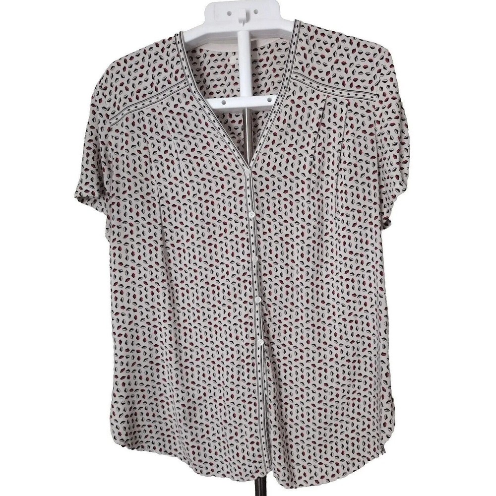Women’s Size L Shirt BLouse Max Studio Short Sleeve Cream Black V-Neck